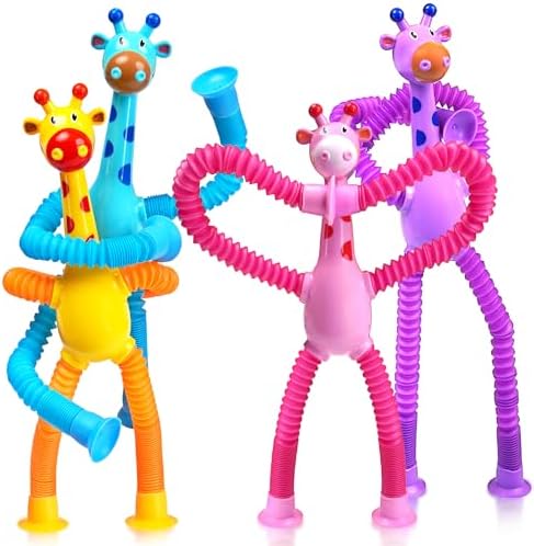 Giraffe Sensory Travel Toys 4Pcs for Road Trip Car Ride Airplane Toddler Girl Year Old Ages 3 4 5 6 7 8, Suction Autism Pop Tube Fidget Toy Autistic Valentines Day Stocking Easter Basket Stuffer Gift by CHESLICR