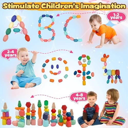 MEGRANATE 58PCS Montessori Wooden Stacking Rocks Toys Colorful Stacking Stones Building Blocks Games Sensory Toy for Kids Educational Learning Toys for 3+ Years Old Kids - Image 3