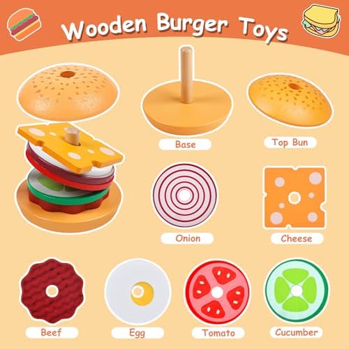 Wooden Burger Stacking Toys Montessori Toys For Toddlers Preschool Education Activity Board Game Early-Education Matching Speed Race Pretend Toy Food Back To School (Burger) - Image 3