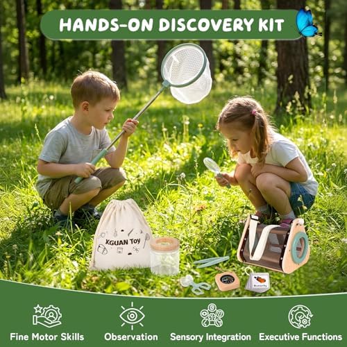 Bug Catcher for Kids, Wooden Bug Catching Outdoor Toys for Ages 4-8, STEM Explorer Activities with Butterfly Net Magnifying Glass Tweezers Insect Habitat Observation Cup Storage Bag Learning Cards - Image 2