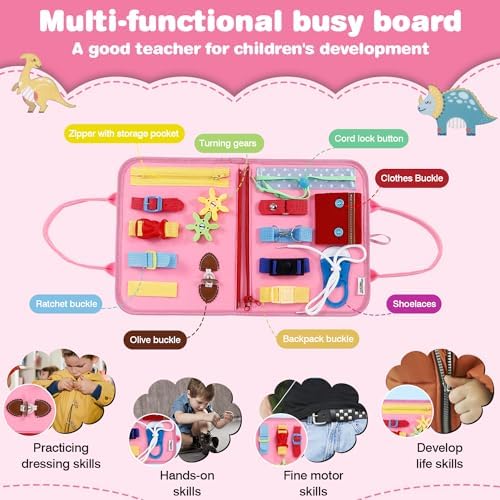 JHkim Busy Board, Sensory Board Travel Toys Gifts for Girls Boys, Montessori Toys to Learn Fine Motor Skills, Educational Activities Busy Book for Airplane Car (Pink) - Image 3