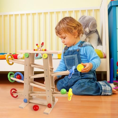 Wooden Wooden Race TrackToys, Wood Car Ramp Racer Toy Vehicle Set with 4 Balls & 5 Race Tracks, Great Educational Montessori Toys for Kids Boys Girls - Image 2