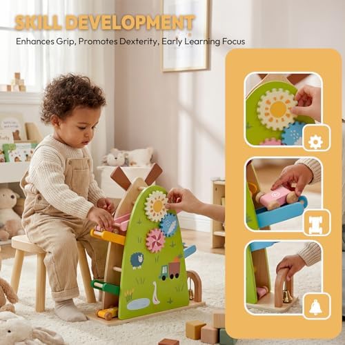Wooden Car Ramp Toy with Windmill - Montessori Toys for 18+ Months, 4 Level Sliding Track with 4 Mini Cars & Bell, Toddler Educational Toys for Boys Girls, Ideal Birthday/Easter/New Year Gift - Image 4