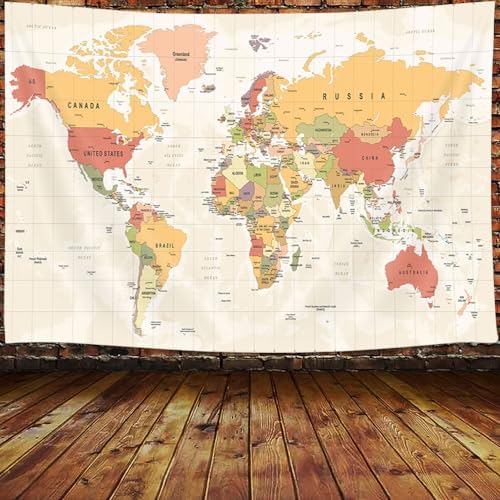 World Map Wall Art for Kids - Educational Tapestry with Countries, Major Cities & Topography - Asia, Europe, America, Africa, Japan - 90x70 Inch (Yellow) by JAWO