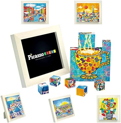 PicassoTiles 6-in-1 World Famous Painting Puzzles Magnetic Cubes Toy_Building_Block, Spain Park Guell, Paris Eiffel Tower, Greece Santorini & More for Kid, Educational Art for Boys and Girls by PicassoTiles