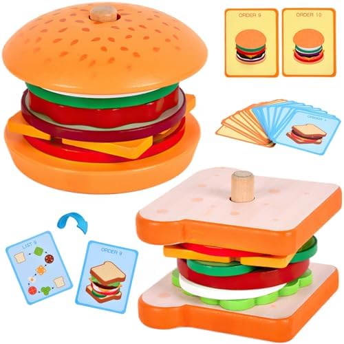 Wooden Burger Sandwich Stacking Toys for Kids, Play Food Toy, Montessori Toys for 3+ Year Old, Preschool Educational Toys to Develop Fine Motor Skills by MIKNEKE