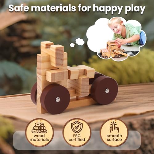 Jovi-mindly＆Notchies C117PCS Wooden Blocks Car Set Wooden Blocks with Wheels＆Vehicle Stickers|Preschool Learning Toys Wood Blocks Building for Kids Ages 3+ Creative Construction Birthday Toys Gifts - Image 4