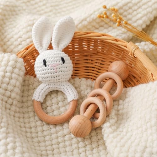 Wooden Baby Rattle, Crochet White Bunny Rattle and Wood Rattle Set, Newborn Wooden Animal Rattle Toy, Baby Wooden Rattle Toy 2PCS by Chriswell