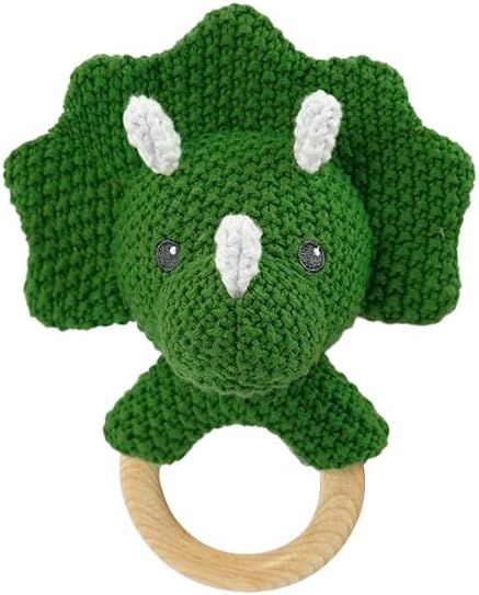 Baby Toys Stuffed Animals Handbell,Triceratops Rattle Toy Wooden Rattle Toys for Baby,Knit Stuffed Animal Cute Rattle with Teether Ring Newborn Birthday Gifts（Triceratops） by JUSTQUNSEEN