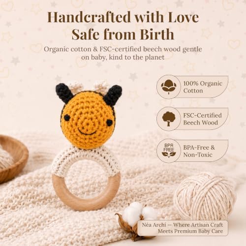 Néa Archí Crochet Baby Rattle, Organic Cotton & Beech Wood, Bee - Image 6