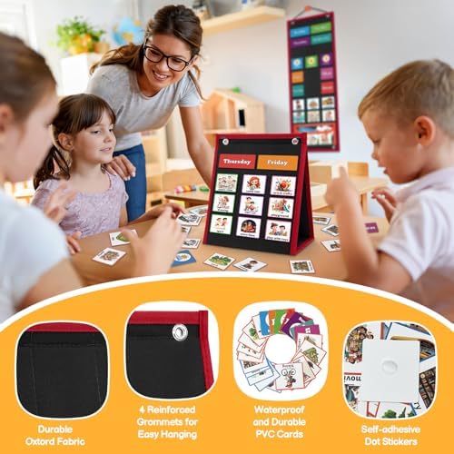 PITCOTT Visual Schedule for Kids Chore Chart，2 in 1 Daily Schedule Board Routine Pocket Chart Cards for Toddlers,Autism Learning Materials Tool Wall Planner for Home School with 103 Cards （Black） - Image 2