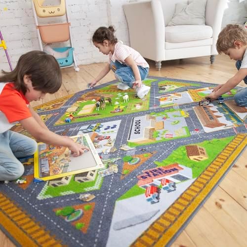 KC Cubs 5x7 Country Farm Construction Car Road Street Rug – Educational Carpet Play Mat for Kids, Toddlers, Nursery, Classroom, Playroom, Baby Daycare - Image 4