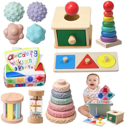Montessori Toys for Babies 6-12 Months,1 Year Old,8 in 1 Learning Educational Set Wooden Sensory Toys for Baby Toys 12-18 Months (Includes Tissue Box Toy,Rainmaker and More) by Tooysea