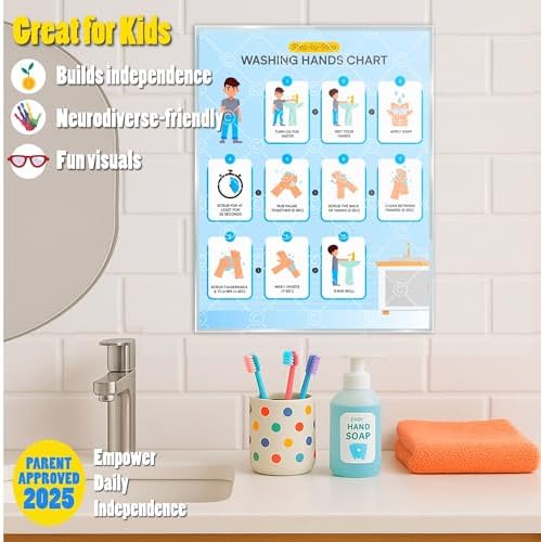 Washing Hands Chart Step by Step Laminated 9x12 Inch for Children Self Care Visual Chart Ideal for Special Needs and Autism (Washing Hands Chart - English) - Image 2