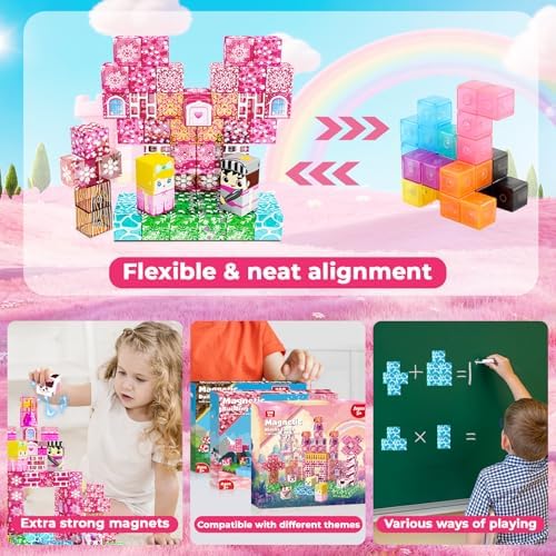 Magnetic Blocks - 100 PCS Transparent Magnetic Building Block for Kids, Pink Princess Castle Magnet Cubes Sets, Princess Toys for Girls Ages 3 4 5 6 7 8-12 Birthday Gifts - Image 5