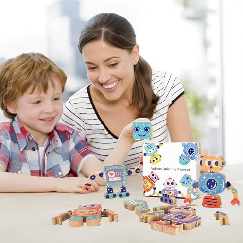 Wooden Robot Building Toys for Kids, Snap-Together STEM Blocks Playset, Take Apart Educational Toy for Toddlers Ages 3-8, Montessori Fine Motor Skills Toy Gift for Boys Girls - Image 5