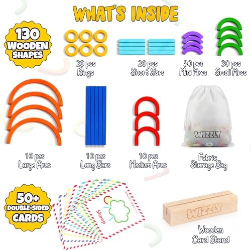 182pcs Wooden Montessori Smart Sticks and Rings Puzzle Game for Kids, Wooden Pattern Blocks Learning Set with 50+ Double-Sided Cards, A-Z Alphabet Cards, Fine Motor STEM Toy for Ages 3+ - Image 2