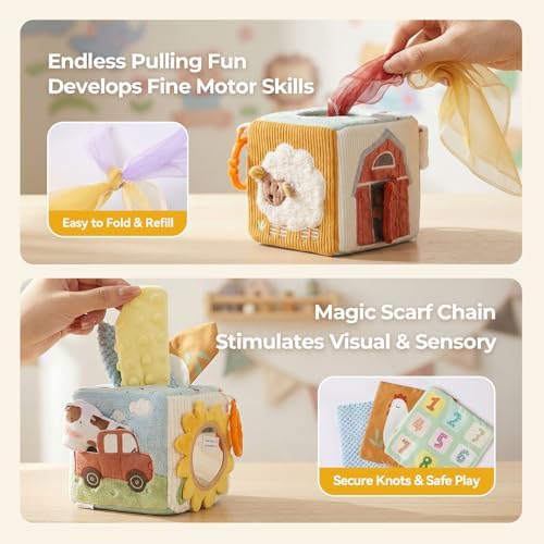 let's make Baby Tissue Box Toy, Farm Montessori Sensory Toys 6-12 Months, Play Silks & Crinkle Tissues with 3D Corduroy, Mirror, Squeaky Cow & Travel Clip - Fine Motor Skills Baby Girl Boy Gifts - Image 3
