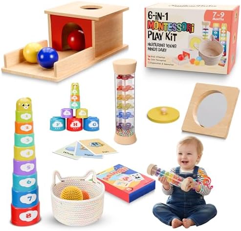 Montessori Baby Toys 7–9 Months, Developmental Tools for 7+ Month Babies, Baby Sensory Toys - A Sliding Box, Mirror Puzzle, Stacking Cups, Treasure Basket, Rain Stick, Animal Flashcards by SmileyBubs