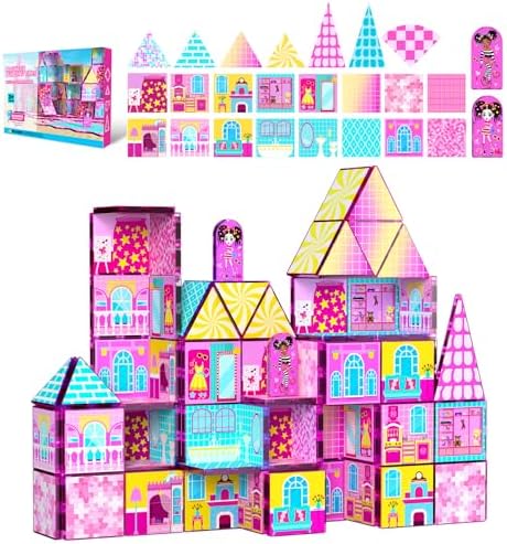 Magnetic Tiles 52PCS Magnetic Building Blocks for Kids Ages 3-5 4-8, STEM Montessori Preschool Classroom Must Haves, Toddler Sensory Educational Toys for Boys Girls, Christmas Birthday Gift(Pink) by Unknown