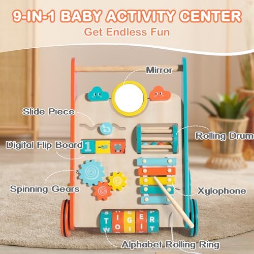 LOL-FUN Push Walker for Baby 12 Months Wooden Toy with Wheels-Orange/Blue - Image 3