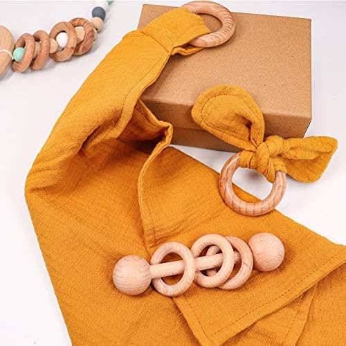 Baby Lovey, Wood Rattle, 3 Pack Montessori Gift, Ginger, 100% Cotton, Double Gauze, Baby Girl Shower Gift - Image 2