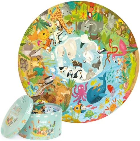 boppi Round 150 Piece Jigsaw for Kids Aged 5-8 | Educational Animals Around the World Puzzle with Continents & Animal Habitats | Eco-Friendly Recycled Cardboard by IndoorOutdoorKidsToys