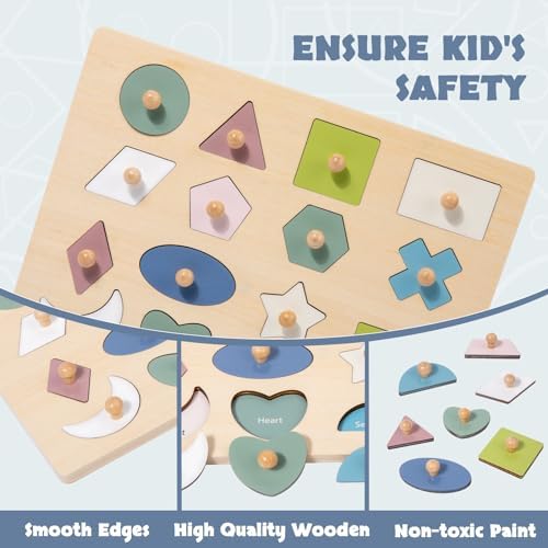 Montessori Toy for Babies 18-24 Months Wooden Shape Puzzles for Toddlers 1-3,Shape Peg Puzzles,Baby Puzzle 18-24 Months with Knob,Color & Shape Sorter for Toddlers(16 Geometric Shapes) - Image 6