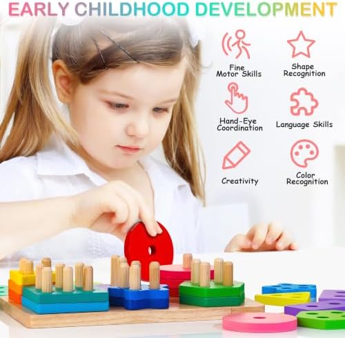 Wooden Sorting & Stacking Toys, Montessori Toys for 1 2 3 Years Old Toddlers, Shape Sorter Puzzles with 24-Piece Large Geometric Blocks & 12 Word Cards, Gift for 12+ Months Baby Boys Girls - Image 5