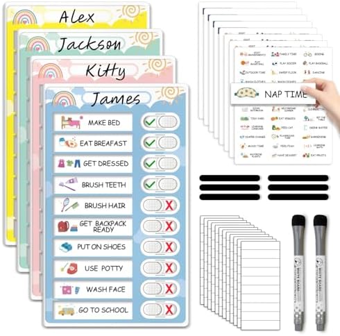 4 in 1 Namable Chore Chart for Kids, Dry Erase Morning/Bedtime Routine Chart for Kids for Refrigerator, Magnetic Visual Schedule for Kids Toddlers to Do List Checklist for Multiple Kids by CustomMaster