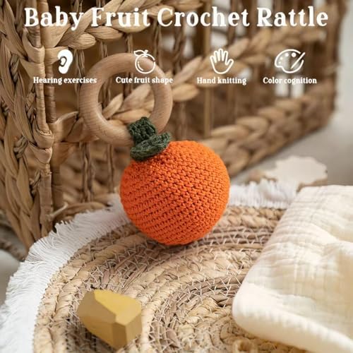 Wooden Baby Rattle Toys Stuffed Crochet Rattle with Teether Ring for Newborn Babies Fruit Wooden Teether Toy Infant Toddler Handcrafted Crochet Rattles Cute Shower Gifts for Boy and Girls - Image 3