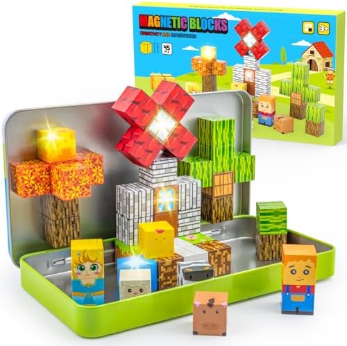 Magnetic Blocks 45 PCS Mini Travel Building Blocks with Iron Case Farm by Aywewii