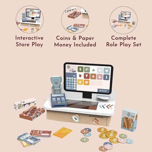 Speedy Monkey Wooden Cash Register | Pretend Shopping Set, 12 Pcs Playset - Image 5