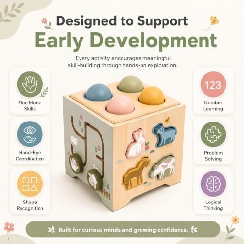 JSONS Montessori Toys for 1 Year Old, 8-in-1 Wooden Activity Cube, Learning Toy with Shape Sorter - Image 4