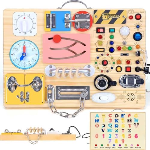 Busy Board with 13 LED Light Switches and 12 Activity, Montessori Toys for Toddlers, Wooden Toy Sensory Activity Board, Travel Toys for 1+ Year Old Boy & Girl Birthday Gift (25 in 1 Busy Board) by HarVowforToddlerToys
