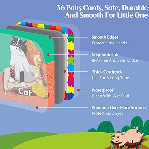 Hebayy 36 Pair Animal Matching Memory Game Flash Cards for Toddlers, Preschool, Kindergarten and Home. Erasable, Fun & Fast, Travel Friendly, Skill Building. Size 2” x 2”(5 x 5 cm) - Image 2