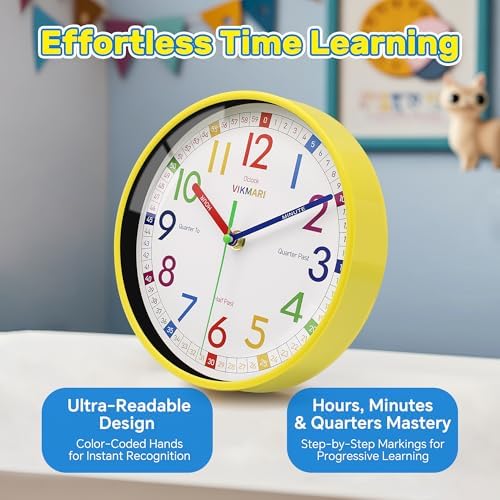 VIKMARI Learning Clock for Kids Classroom 10" Battery Operated Teach Time - Image 5