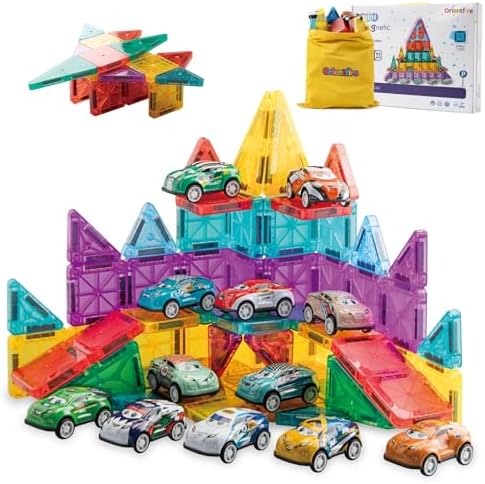 93 PCS Magnetic Tiles Mini Magnetic Building Tiles with Cars, Travel Magnetic Tiles with Storage Bag,STEM Toys for School Acitivities, Ideal Christmas Birthday Gifts for Boys Girls Age 3+ Years Old by ORIENTFIRE