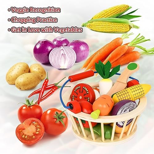 Wooden Vegetable Toys for Children,Pretend Play Food Set for Kid, Magnetic Cutting Kitchen Toy with Picnic Basket,Baby Dinette Accessories for Toddlers Store Grocery,Gift for Girl Boy - Image 4