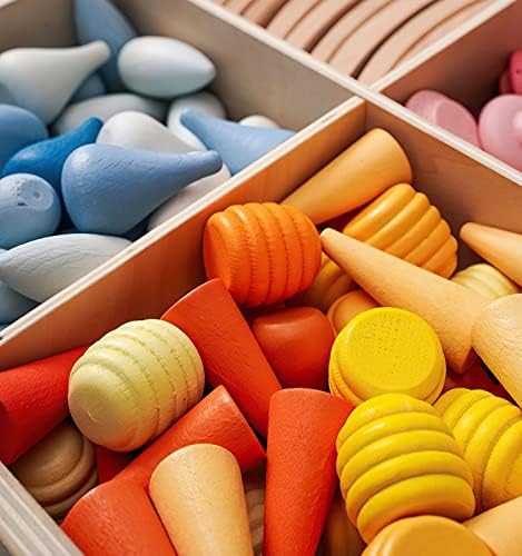 MIKNEKE 81 Wooden Loose Parts Sensory Bin Filler Toys, Mandala Rainbow Stacker Open Ended Toys, 27 Colors Sensory Training Educational Toys - Image 3