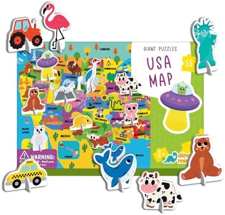 Dinomini Giant USA Map Puzzle for Kids - with Interactive Standing Figures - Floor Puzzles for Kids Ages 3-5 - Preschool Learning Activities - Learning & Educational Toys by Dinomini