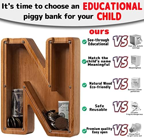 ladenk 12 Inch Extra Large Wooden Kids Letter Piggy Bank - Piggy Bank for Boys Girls - Initial N Bank - Alphabet Money Bank for Birthday - Image 3