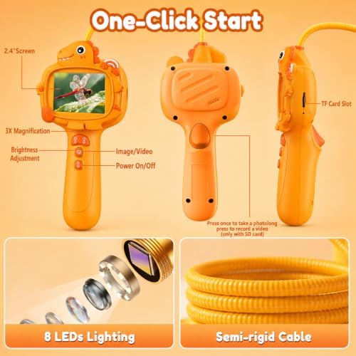 Kids Borescope Camera with Light-STEM Science Educational Toy for 3 4 5 6 7 8 Years Old Boys & Girls Birthday Gift-Discovery & Exploration Flexible Snake Scope Battery (Orange Dinosaur) - Image 4