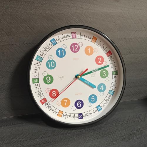Learning Time 8 Inch Wall Clock for Kids,Non-Ticking Kids Colorful Clock,Silent Wall Clock Decorative for Kids Room ，School Classroom（Black，8 Inch） - Image 7