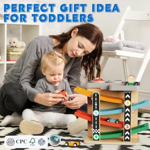 Wooden Car Ramp Race Track 2-in-1 Pound Ball Toddler Toy Ball Drop Baby Toy Set Gift for 1 2 3 Year Old Boys Girls Montessori Developmental Learning Activity Interactive Birthday Present - Image 5
