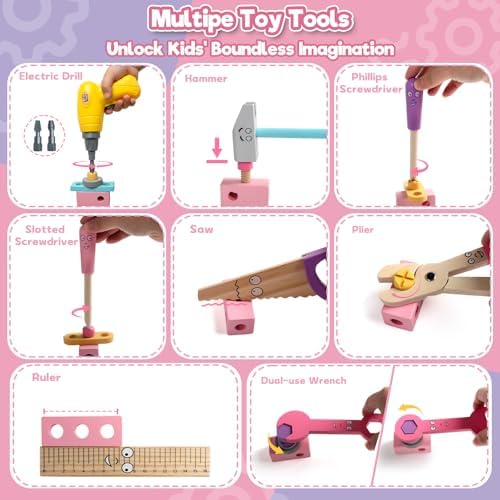 Wooden Kids Tool Set with Drill Montessori Toys for 3 Year Old Girl 44Pcs - Image 5