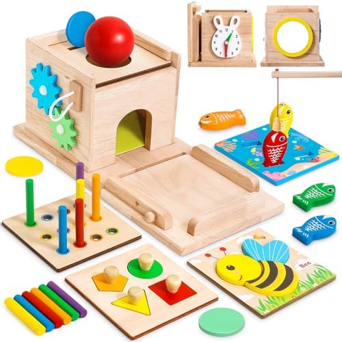 HUZU 8-in-1 Montessori Wooden Activity Cube Toy Set, Toddler Learning by Unknown