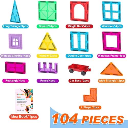 OugerToy 104PCS Magnetic Tiles STEM Building Blocks for Kids Ages 3-9 - Image 2