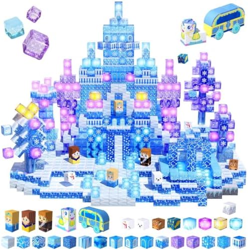 200 PCS Light Up Magnetic Blocks, Transparent Magnetic Building Block for Blue Snow Princess Castle, Frozen Magnet Cubes STEM Toys for Girls Age 3 4 5 6 7 8 9 10 11 12 13 Birthdays Gift for Kids by Magneverse