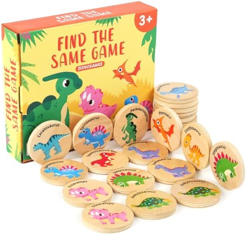 Wooden Memory Game for Kids, 24 Dinosaur Matching Cards by Protadojoinusformorefun